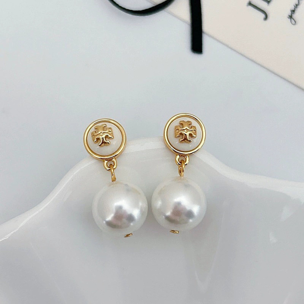 Tory Burch Logo Letter Pearl Stud Earrings